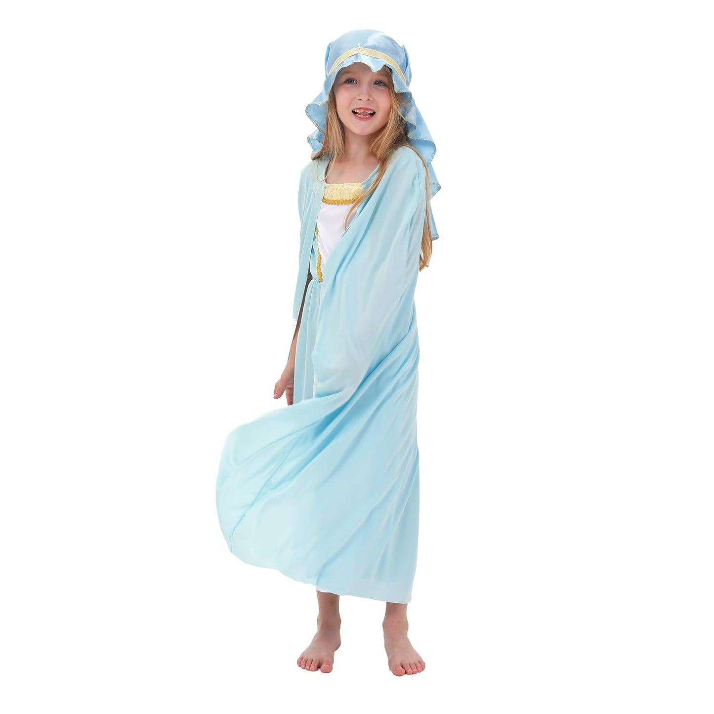 Aroacle Girls Virgin Mary Costume Saint Mary Biblical Outfit Religious Nativity Dress For Kids With Cape And Headpiece (7-8Y)