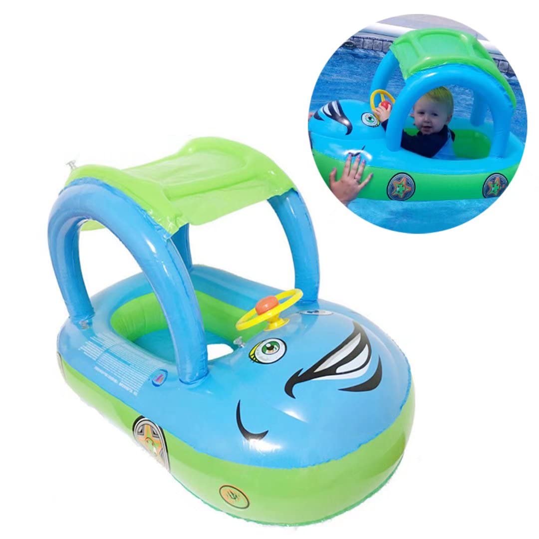 Baby Pool Float With Canopy Summer Steering Wheel Sunshade Swim Ring Car Inflatable Toys Infants Float Seat Boat For Kids Toddlers (Color Blue)