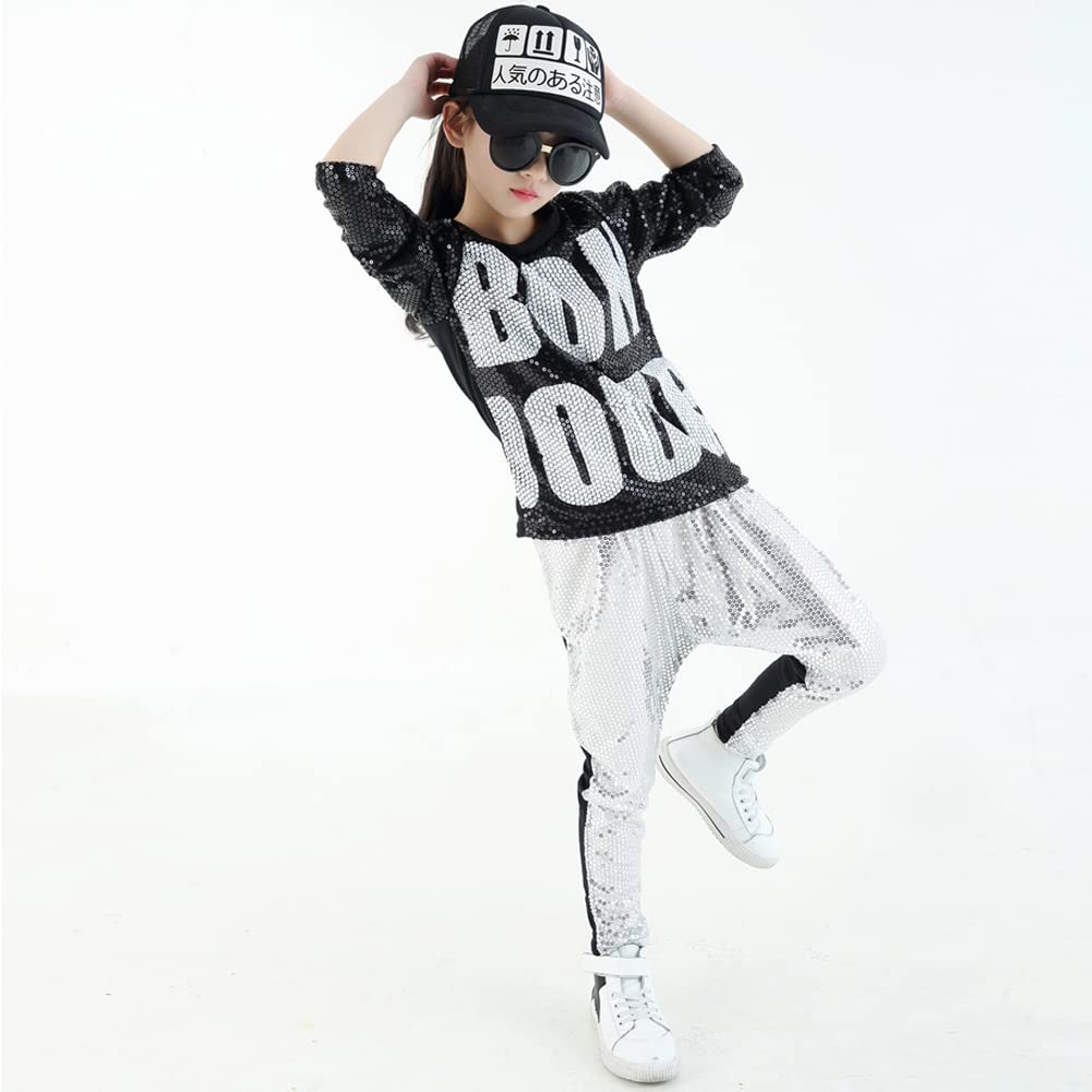 Lolanta Kids Dance Costume Boys Girls Sequins Hip Hop Clothes 80S 90S Outfits Shiny Dress Up Dancewear(Silver,12-14)