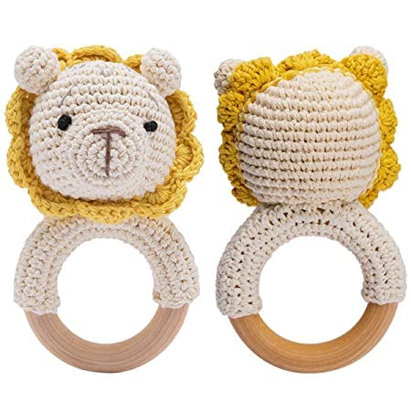 Wooden Baby Rattle Crochet Lion Baby Toys Handmade Newborn Toy Early Development Grips Stuffed Animal Organic Rattle