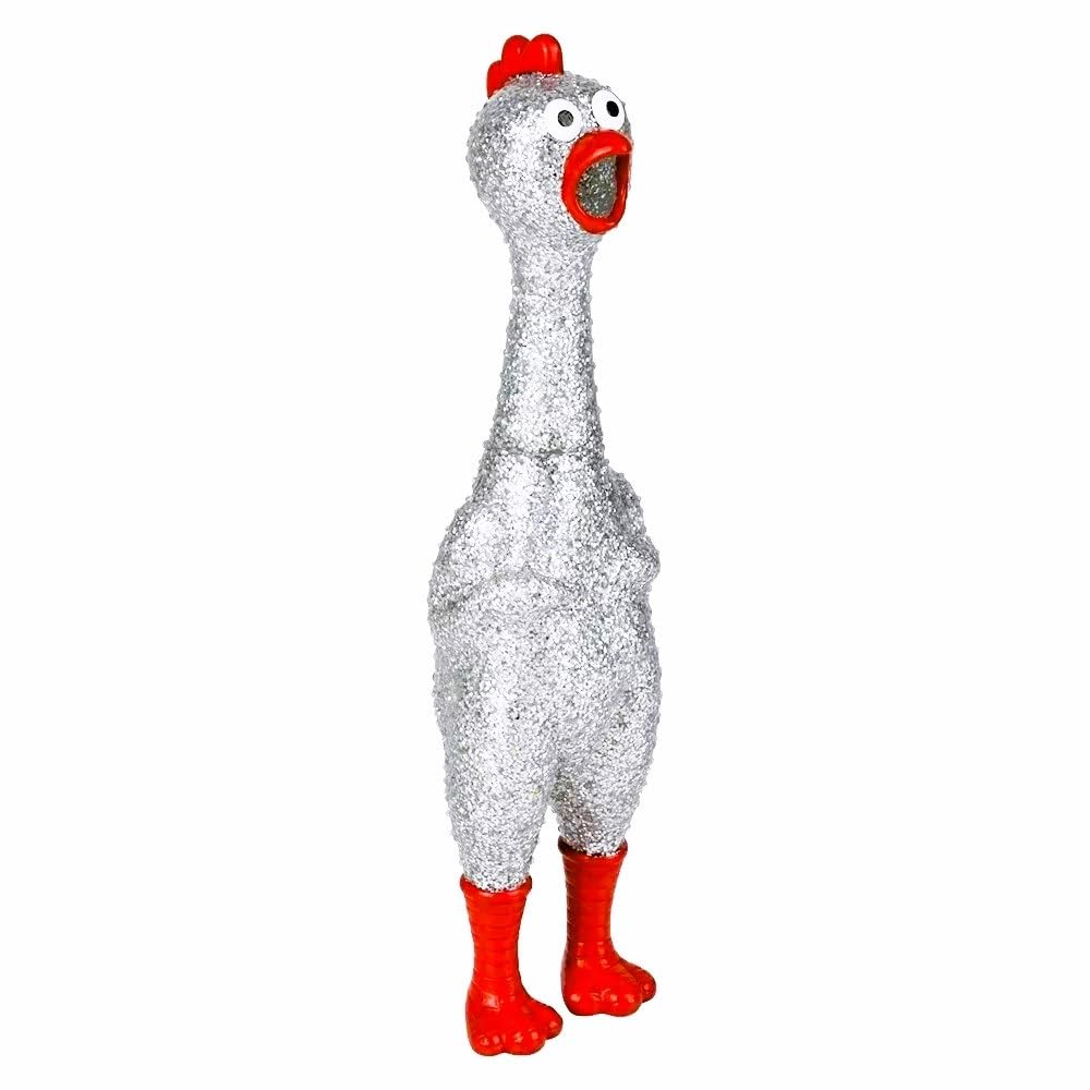 Zugar Land Large 13.5 Sparkle Glitter Rubber Squeeze Chicken with a Long Funny Squeaky Sound (Gold - Silver) Glitter Shiny Funny Gag Prank Chicken Prop (2 Pack - 1 Silver + 1 Gold)
