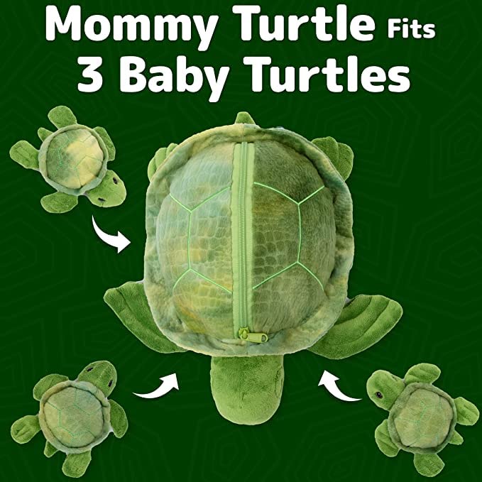 Prextex Plush Toys Turtle Stuffed Animal W/ 3 Baby Stuffed Turtle - Big Turtle With Zipper - 3 Little Baby Turtle Plush - Turtle