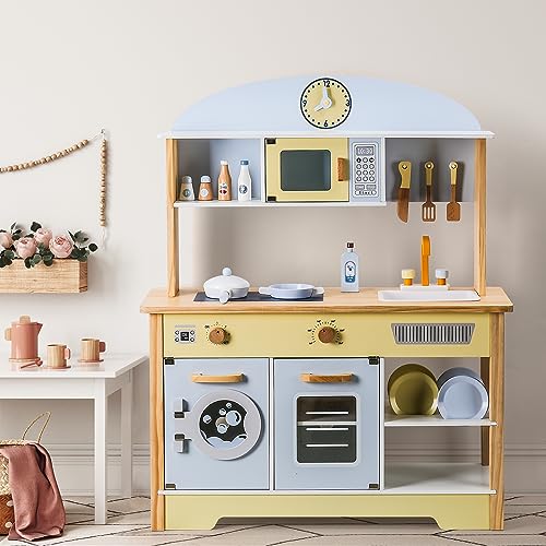 WoodenEdu Kitchen Playset for Kids Ages 3-8, Wooden Pretend Play Kitchen with Cooking Accessories, Dimensions: 38    H x 31    W