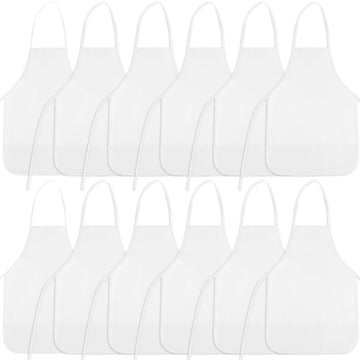 BOUBONI 12 Pieces White Kids Painting Aprons Kids Art Aprons with 2 Roomy Pockets Kids Aprons for Art Painting Activity Kitchen 