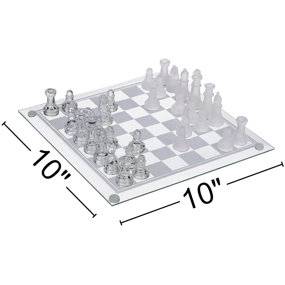 Gamie enhanced Glass Chess Set  10 Inch - Elegant Design - Durable Build - 32 Frosted and Clear Pieces - Felted Bottoms - Easy to Carry - Stable & Fully Functional for Chess Lovers