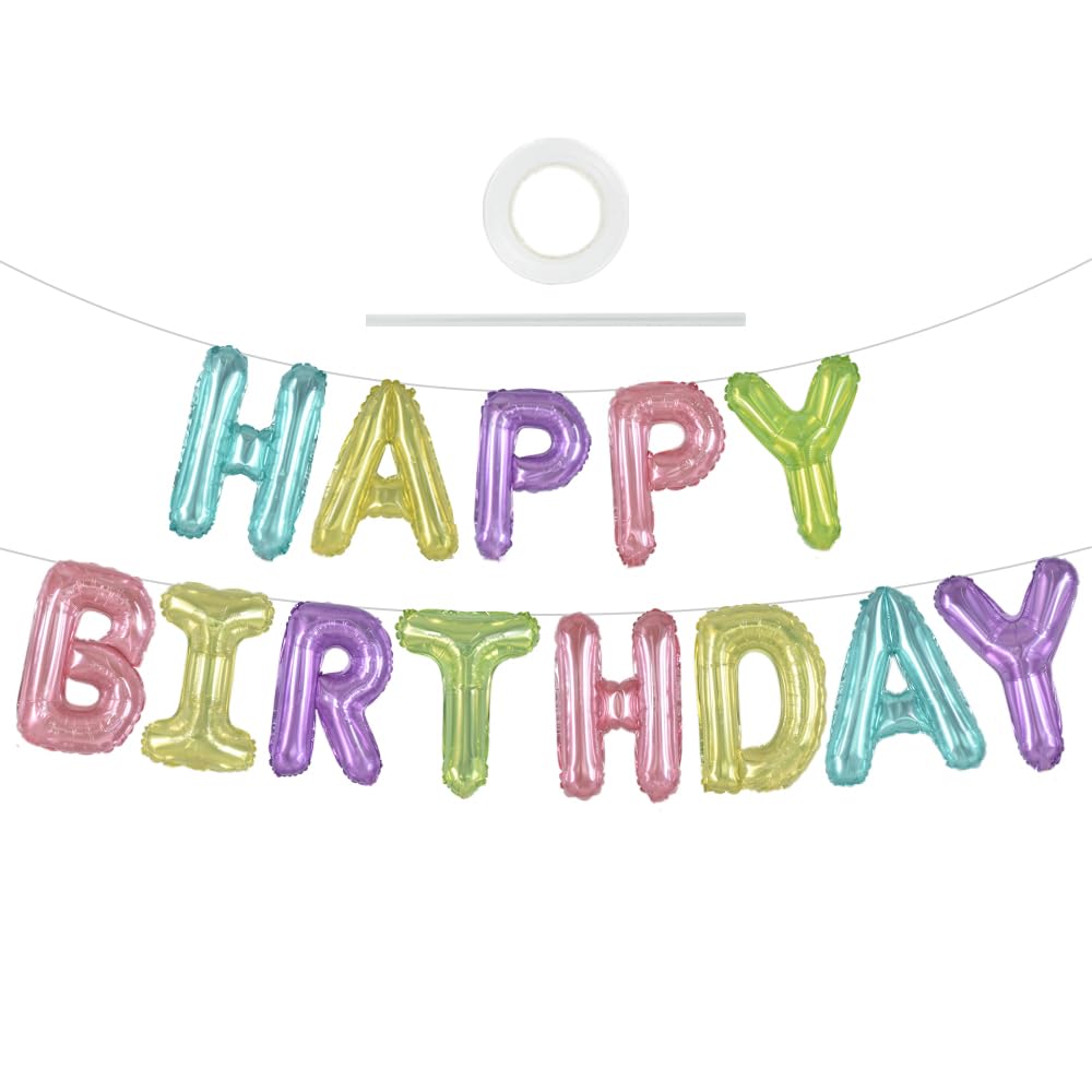 TONIFUL Happy Birthday Balloons with Ribbon Straw, 16 Inch Mylar Letters Birthday Sign Banner Bunting Reusable for Girls Boys Ki