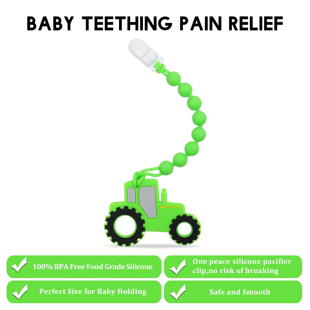 Amazingm Baby Food Grade Silicone Tractor Truck Teether Toy With One Piece Design Pacifier Clip Holder,Teething Pain Relief Toys