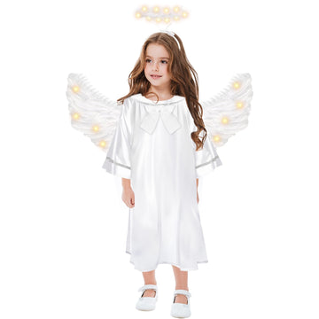 Ttq3Pcs Kid Angel Costume Set Include Girl Angel Dress,Light Angel Wing And Hairband For Halloween Birthday Party Accessories