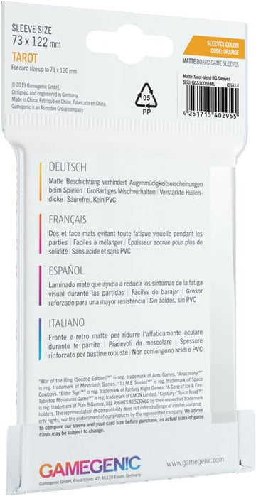 Matte Board Game Sleeves | Pack of 50 Matte Sleeves | 72 by 122 mm Card Sleeves Optimized for Use with Tarot Cards | enhanced Card Protection | FFG Orange Color Code | Made by Gamegenic