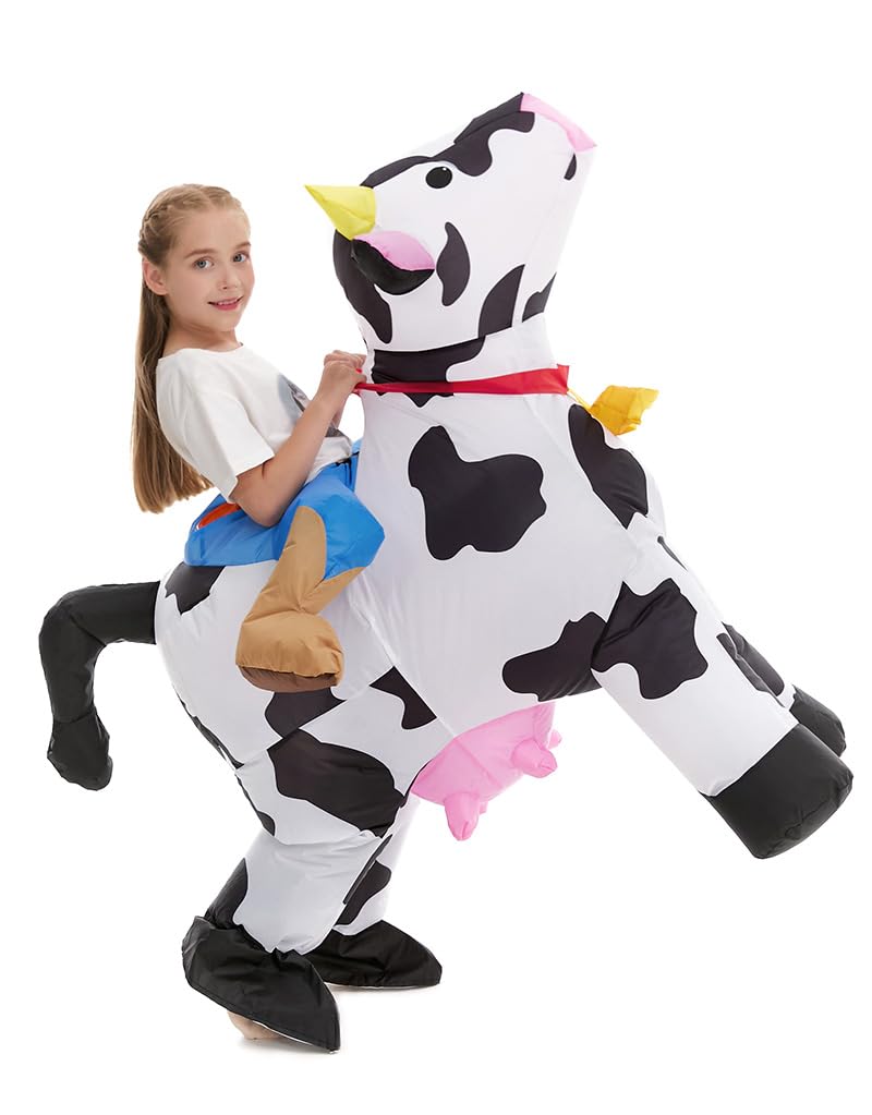 Inflatable Cow Costume Kids Boys Girls, Blow up Ride on Animal Cosplay Teen, Riding Halloween Rider Clothes Child