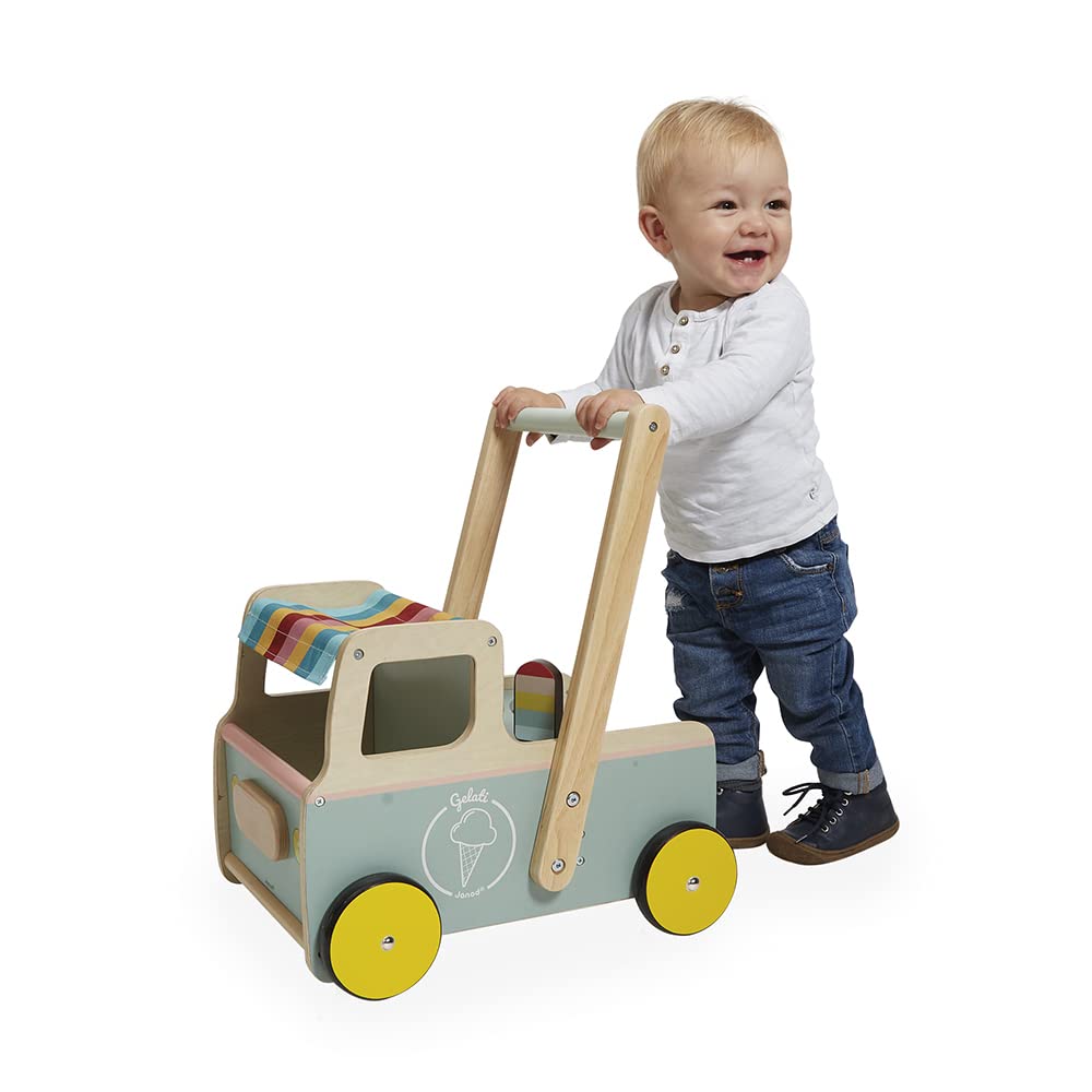 Janod Wooden Pull-Along Ice Cream Cart with 4 Ice Creams, Silent Wheels, Anti-Tip System, FSC-Certified, Multicoloured, Model J08049