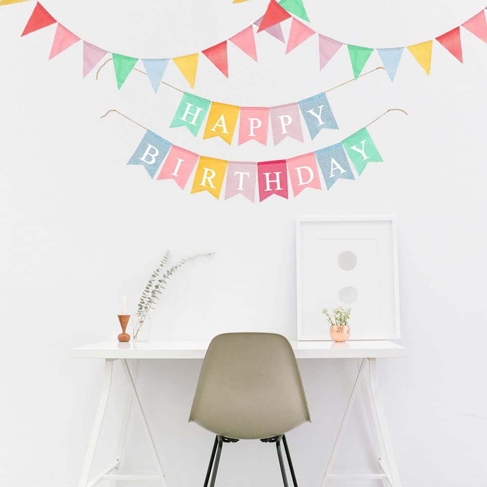LifePassion Happy Birthday Banner with 24pcs Pennant Banner Flags, Assembled Durable Imitated Burlap Banner, Pastel Rainbow Birt