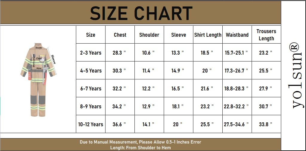 Yolsun Tan Fireman Costume For Kids, Boys' And Girls' Firefighter Dress Up (8 Pcs) 10-12 Years