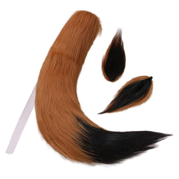 Anime Wolf Fox 25' Plush Tail + 2 Clip Ears Hairpin Headband Prop Plushie Toy Nick Halloween Cosplay New (Brown Black)