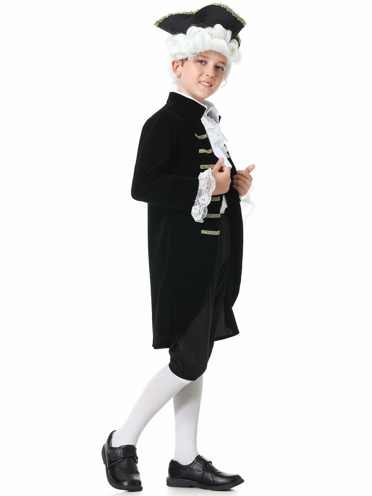GRAJTCIN Kids Colonial Costume for Boys Historical Halloween George Washington Hamilton Costume 18th Century Outfit Black 7-8 Ye