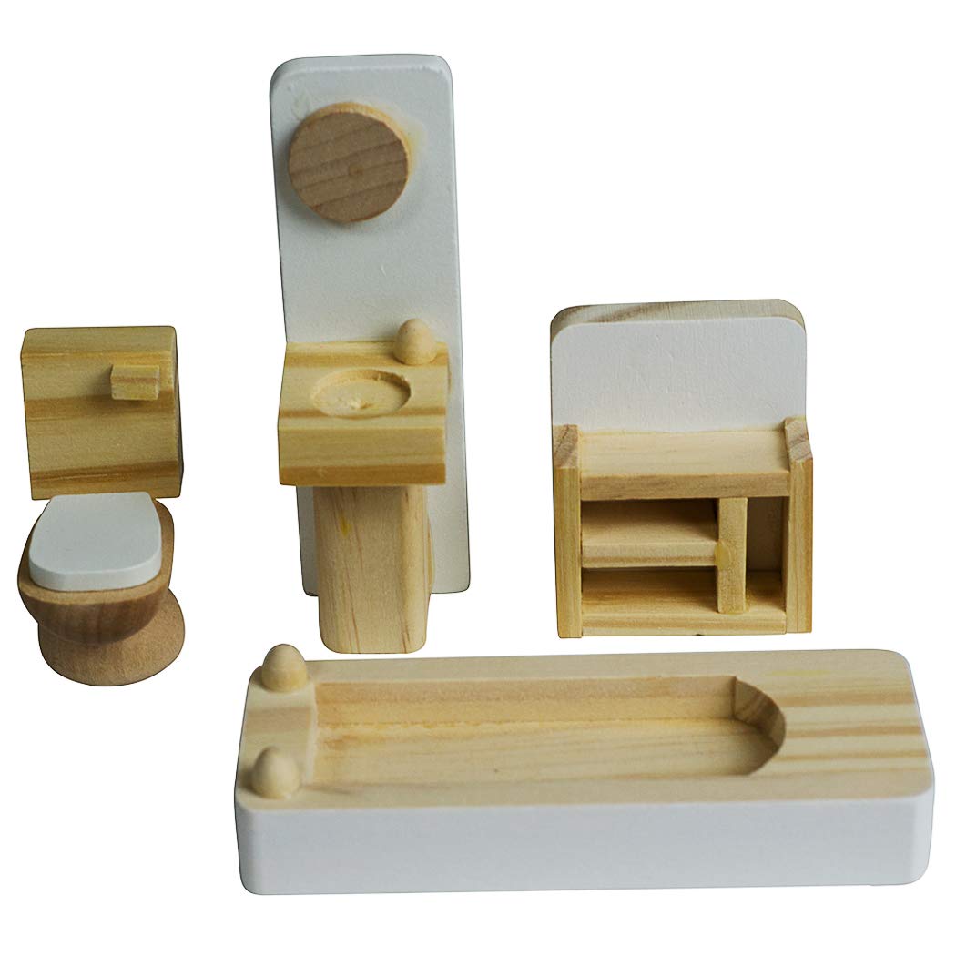 Seanmi Wooden Dollhouse Furniture - 5 Sets, 1:12 Scale Doll House Furnishings, 35 Pieces Of Dollhouse Accessories (Living Room, Kitchen, Dining Room, Bedroom, Bathroom)