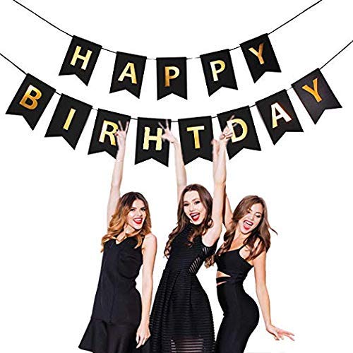 Wanna Party Black Happy Birthday Banner For Boys,Girls,Kids,Husband,Boyfriend With Shiny Gold Letters For Happy Birthday Decorat