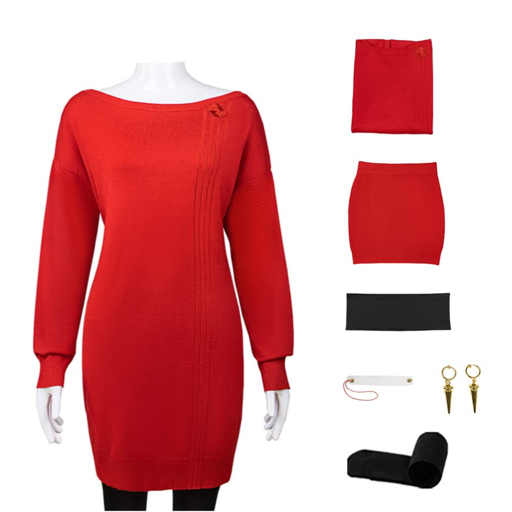 COLSA Anime Cosplay Costume Red Sweater Uniform Set, XL, Polyester, Yor with Earrings