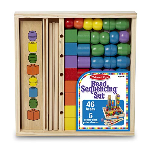 Melissa & Doug Bead Sequencing Set - 46 Wooden Beads & 5 Double-Sided Pattern Boards - Color Recognition & Shape Sorting Toy for Kids 4+