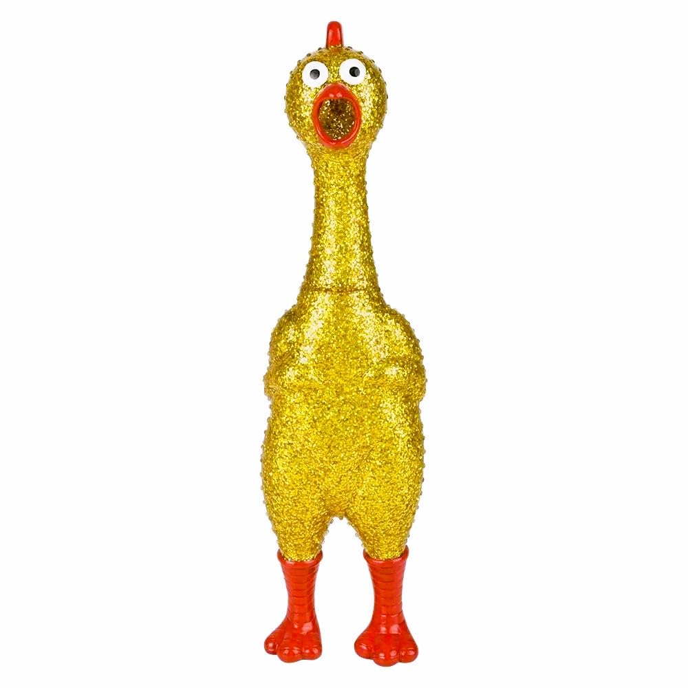 Zugar Land Large 13.5 Sparkle Glitter Rubber Squeeze Chicken with a Long Funny Squeaky Sound (Gold - Silver) Glitter Shiny Funny Gag Prank Chicken Prop (2 Pack - 1 Silver + 1 Gold)