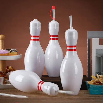 Fun Express Bowling Pin Cups, 12 Count, 18 oz, BPA Free Plastic, Red & White, Party Supplies, Model PSBOWSI