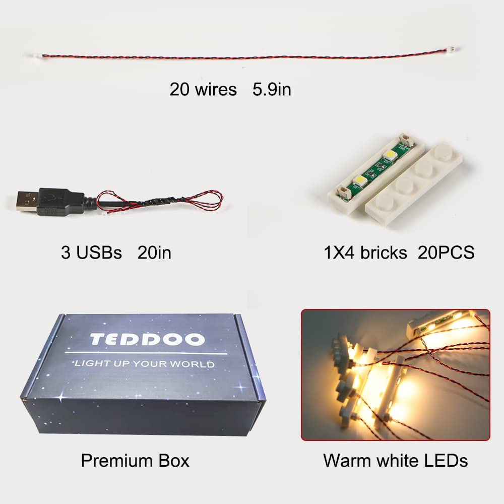 Teddoo 20Pcs 1X4 Led Lighting Kit (X In One Lights Powered By Usb) Bricks City Diy Combination Module Compatible With Lego Bricks 3710 (Warm White)