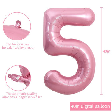 Toniful 40 Inch Light Pink Large Numbers Balloons 0-9, Number 5 Digital 5 Helium Balloons, Pink Foil Mylar Big Number Pastel Bal