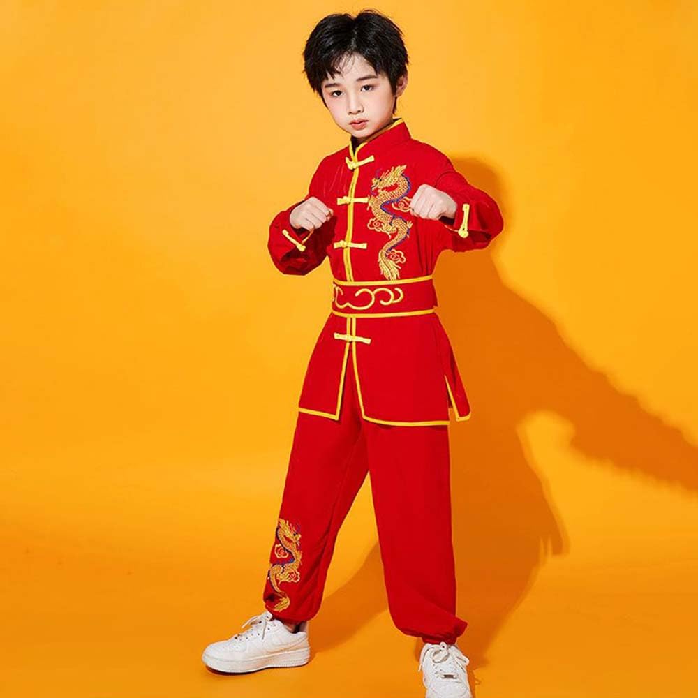 Kung Fu Uniform for Boys Girls Kids Traditional Chinese Embroidered Tai Chi Wing Chun Master Martial Arts Set Outfit (Red, S)