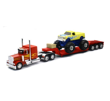 New-Ray New 1:32 Newray Truck & Trailer Collection - Red Peterbilt Model 379 Lowboy With Monster Truck Diecast Model Toys