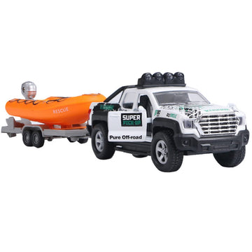 Pickup Truck Trailer Towing Speed Boat 2 in 1 Playset Diecast Model Car Metal Pull Back Toy Cars 1/36 SUV Vehicle Outdoor Sandbo