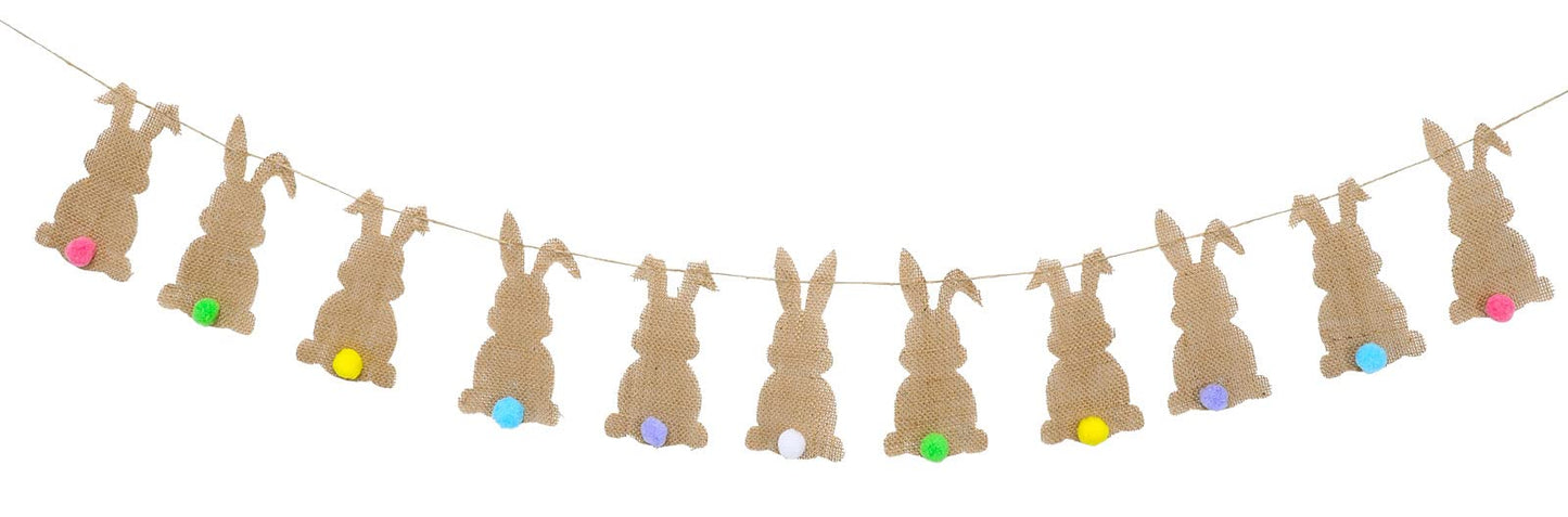 Whaline Easter Banner with String 11Pcs Bunny Felt Banner Colorful Tail Pre-Assembled Spring Bunting Garland Celebration Hanging