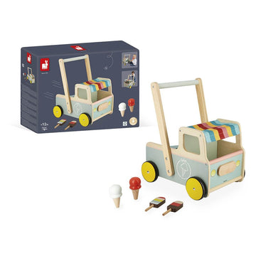 Janod - Janod - Wooden Pull-Along Ice Cream Cart/Trolley - 4 Ice Creams Included - Silent Wheels - Anti-Tip System - Fsc-Certified - Water-Based Paint - 1 Year, J08049