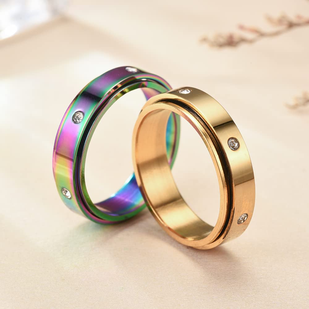 Fekang Anxiety Rings Fidget Rings For Women Stress Relief Spinner Rings For Teen Girls Stress Rings 4Pcs 6Mm Titanium Steel Rings Size 5-12 (5, 6Mm Spinner Rings 4Pcs/6 Cz Stones)