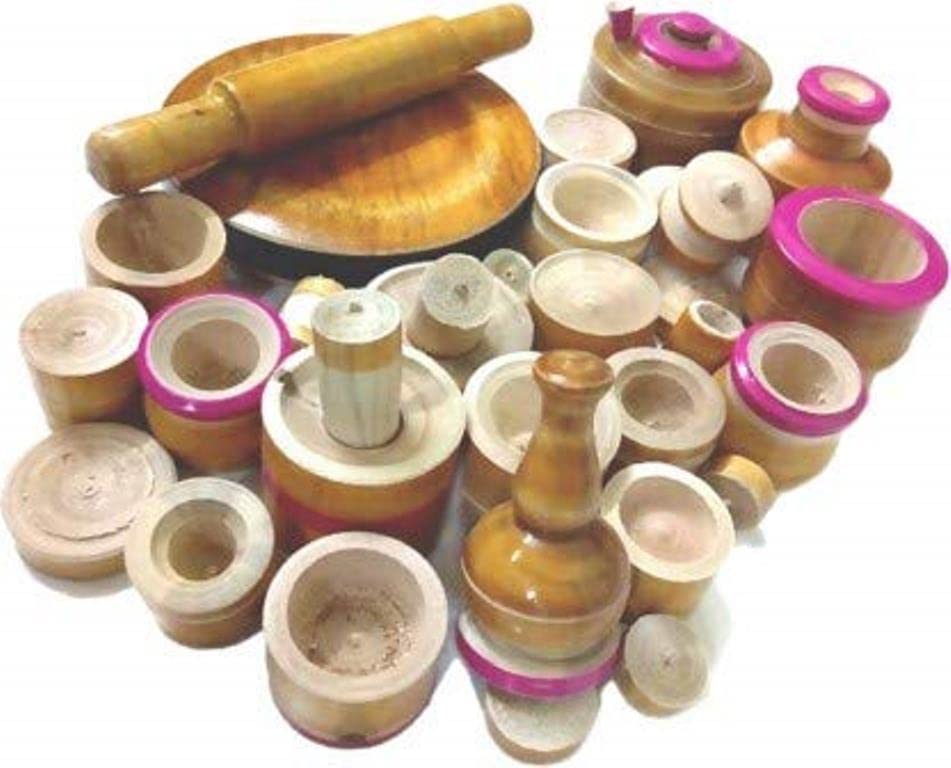 Thenkumari Wood Eco Friendly Wooden Kids Toy Kitchen Set Brown/Choppu Jaman Brown Color and Kids chakla belan Combo
