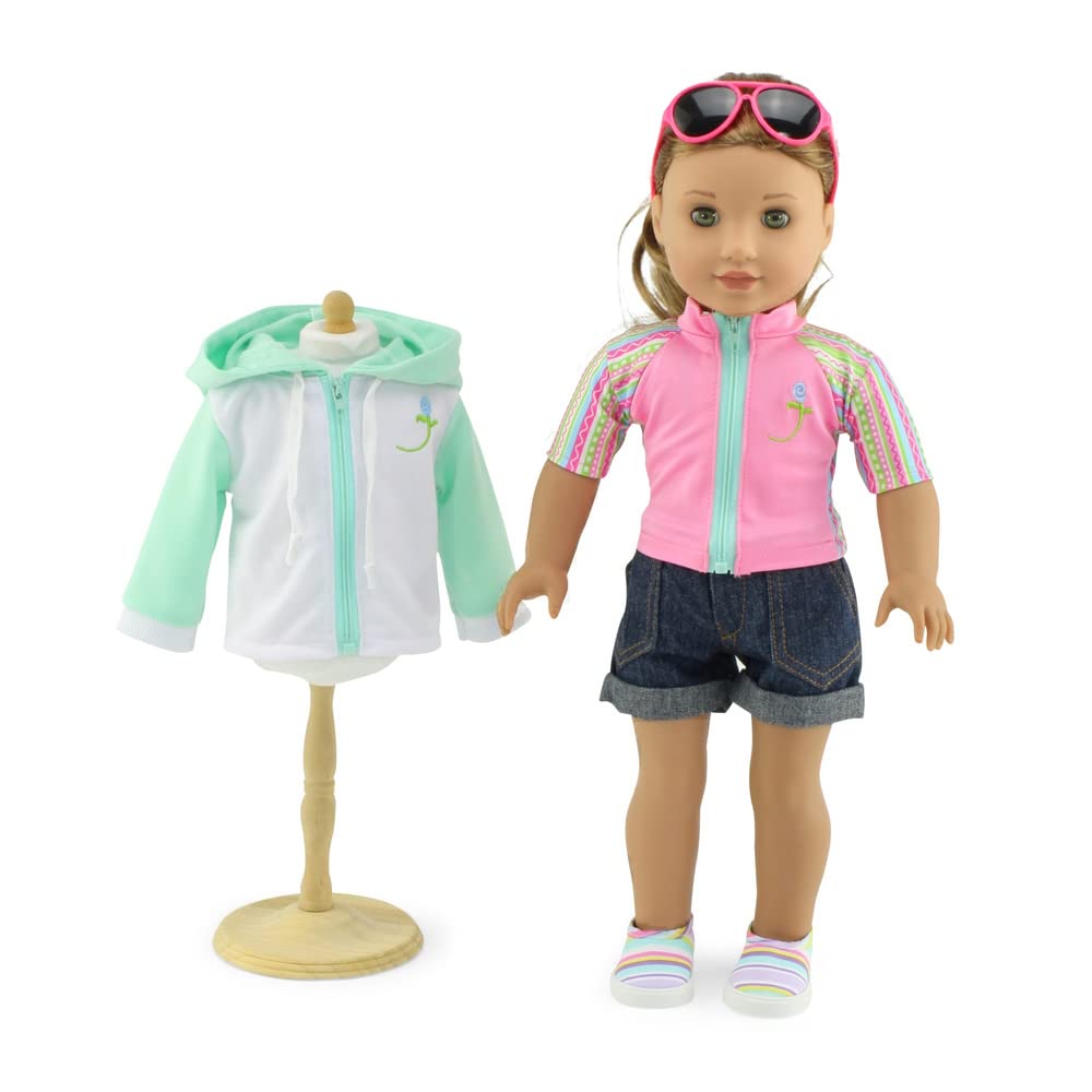Emily Rose Doll Clothes | 18-Inch Doll 7 Pc Surfer Swimming Bathing Suit Beach Set, Includes Sunglasses And 18-In Doll Shoes! | Compatible With 18' American Girl Dolls