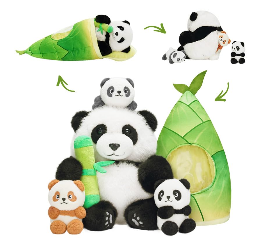 Ouozzz Panda Stuffed Animals With 3 Babies Inside Panda Bear Plush Toys With 19' Bamboo Shoot Bag - Gift Present Toys For Girls Boys Kids Toddler