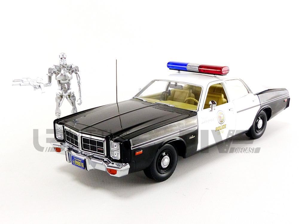 Greenlight 1977 Dodge Monaco Police Car with T-800 Figure, Black, Model 19042, Artisan Collection, Detailed Interior, Officially Licensed