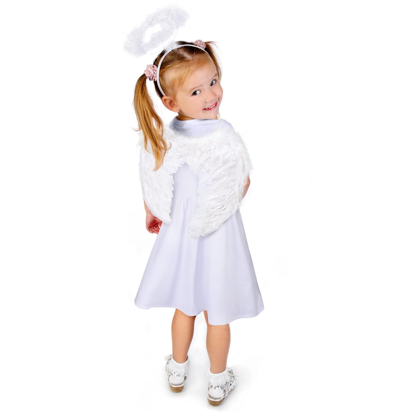 3 Pcs Angel Costumes for Kids Girls Set Fairy Dress Angel Feather Wings and Headband for Halloween Dress up Cosplay (4-6 Years)