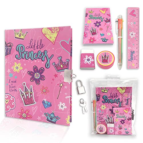Girls Diary With Lock, Kids Journal Stationary Set For Pre School Teen Learning Writing Drawing Age 6,8,10,12 Years Princess Gift With Notebook Memo Notepad 6 Multicolored Pen Ruler Sharpener Eraser