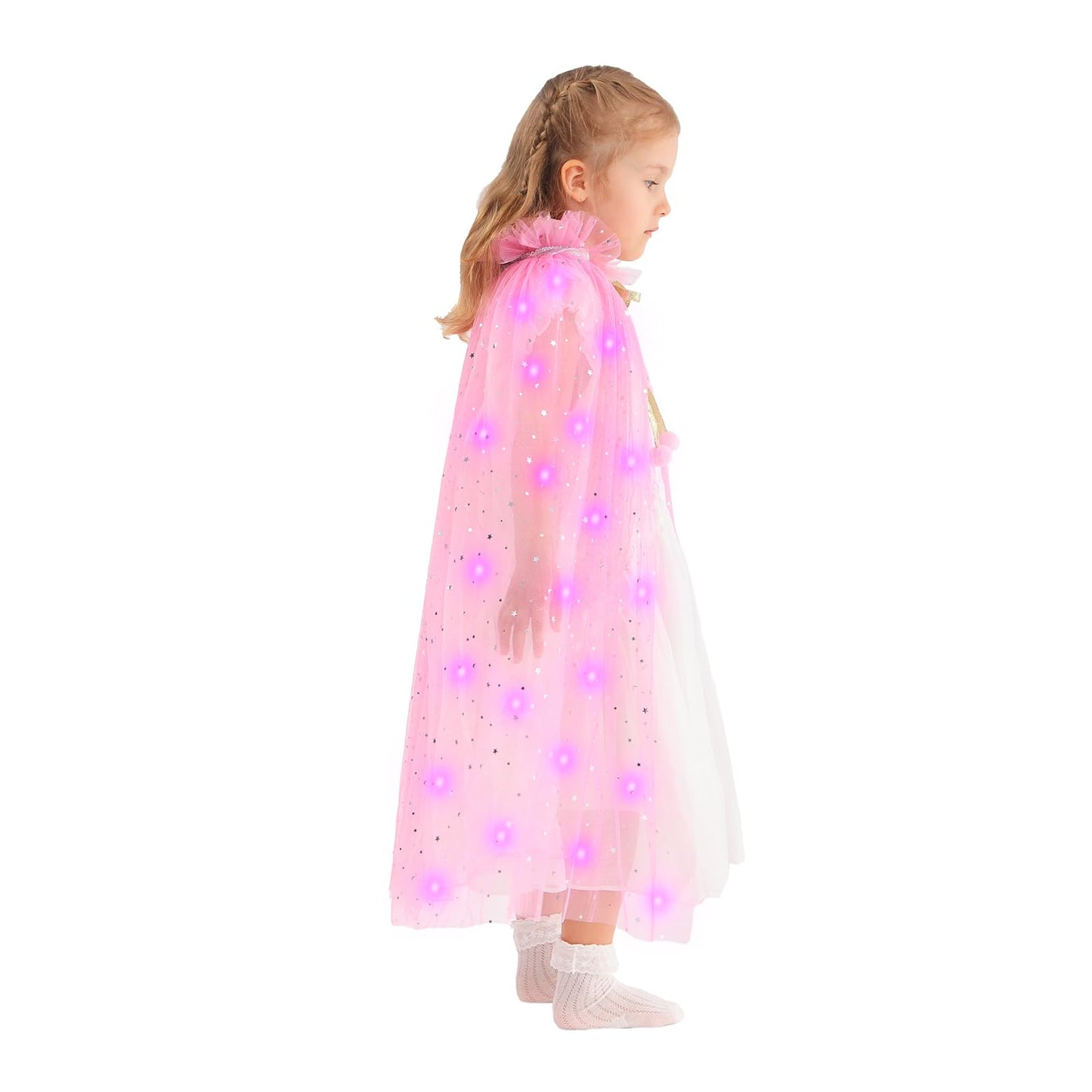 Hsctek Light Up Princess Cape, Pink Princess Dress Up Tulle Cape, Coloful Princess Outfit Costume Accessories Kids Toddlers Girls