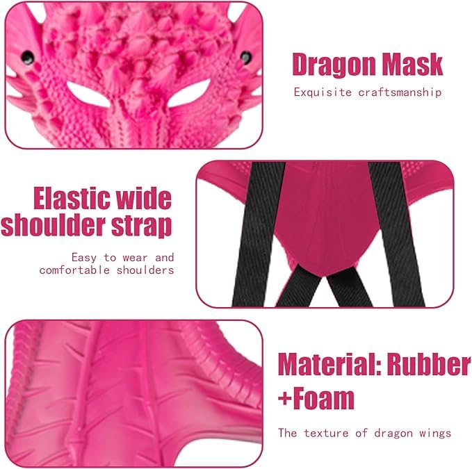 Kids Dinosaur Costume Dress Up Wings Dragon Tail Mask Set Halloween For Children Birthday Party Favors Gifts (Pink)