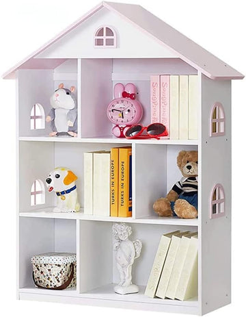 OUKOVOL Wooden Dollhouse Bookshelf 3-Tier Doll House Bookcase Kids Books Toys Storage Organizer Shelves for Children's Bedroom P
