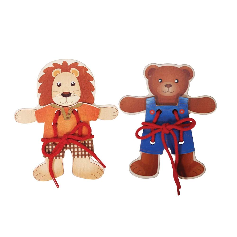 Brainsmith Lacing Toys, Set Of 2, Wooden Lion And Bear Toy With Lace, Learn To Tie Shoe Laces, Non Toxic Educational Learning To