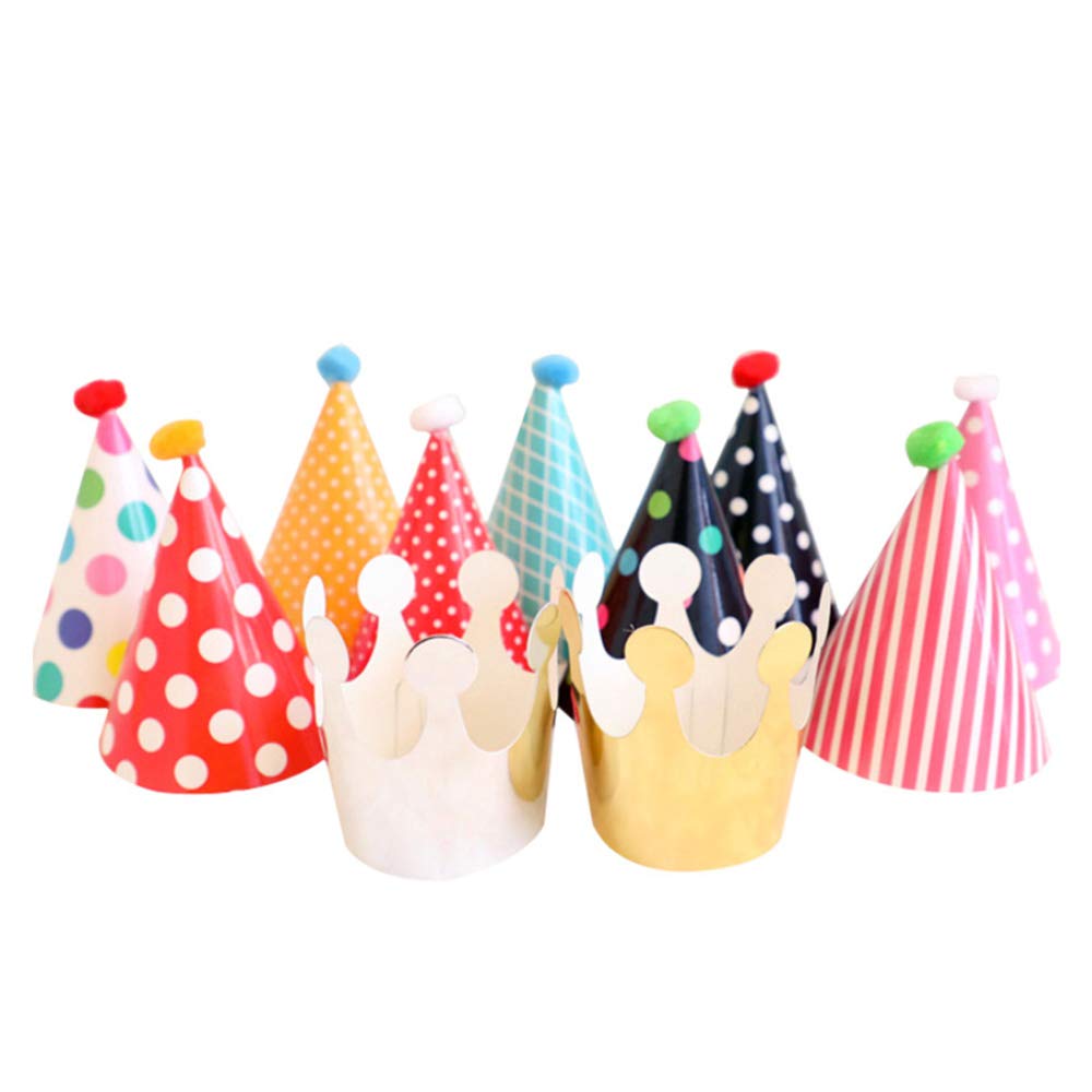 JiaHui Party Hat Set of 9 Hats and 2 Crowns with 9 Pompons for Children Birthday New Year