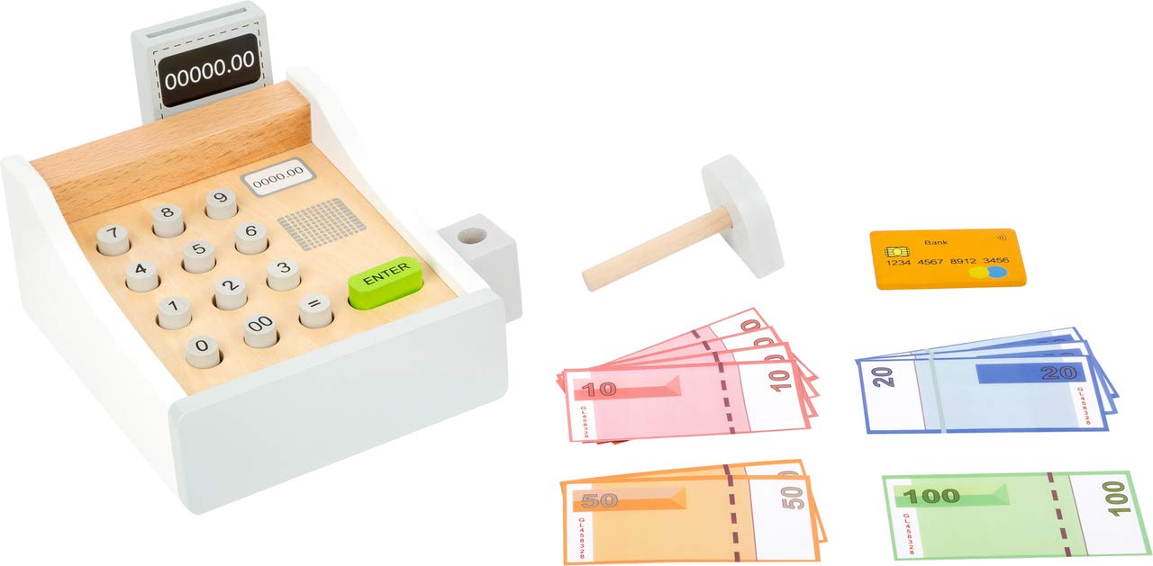 Small Foot Wooden Cash Register Set - Includes Push Buttons, Scanner & Money, Medium, Multicolour, Model 11099, Ages 3+ Years
