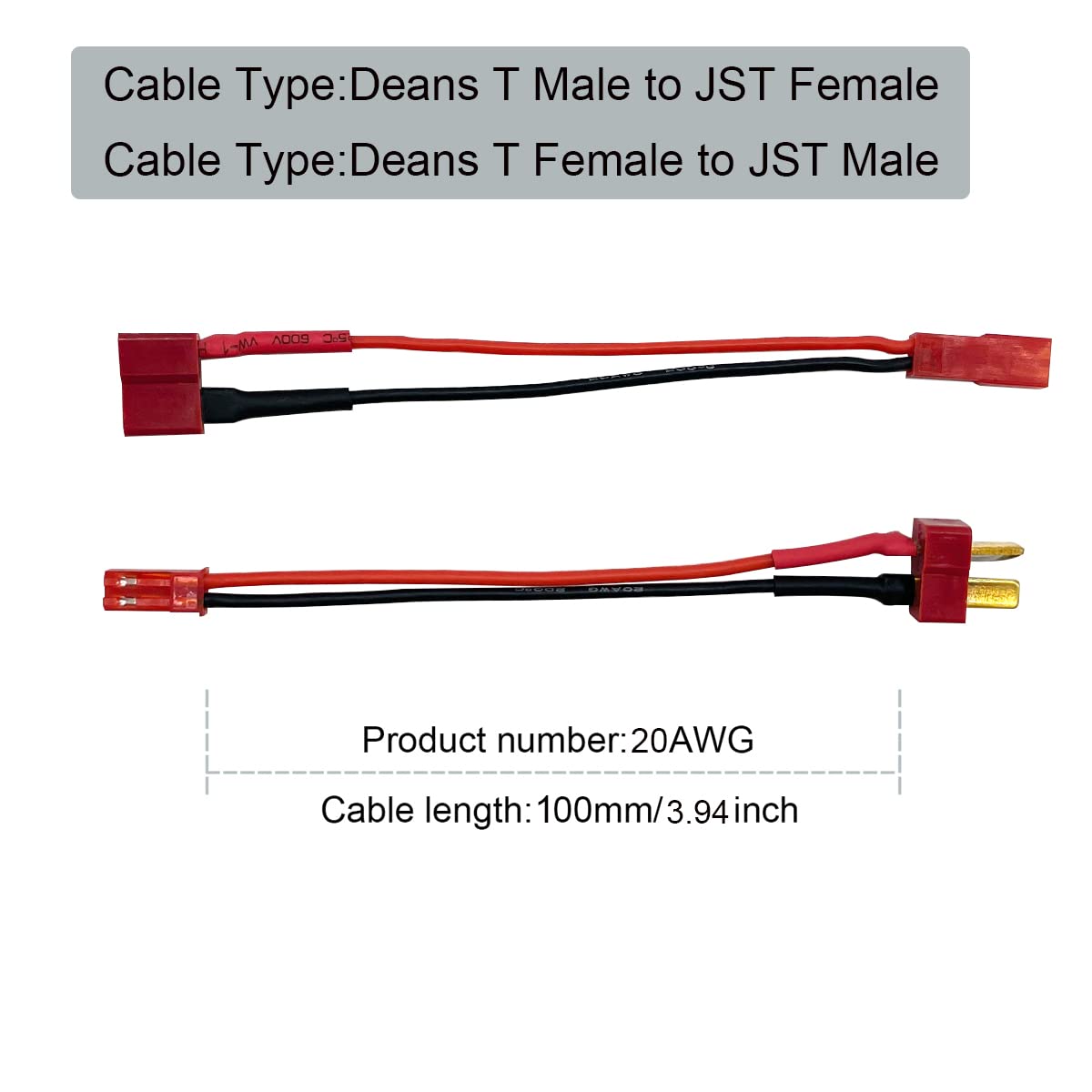 2Pairs T Plug to JST Connector Male Female with 20AWG 10cm Silicone Cable Wire Adapter for RC FPV ESC Speed Controller Lipo Batt