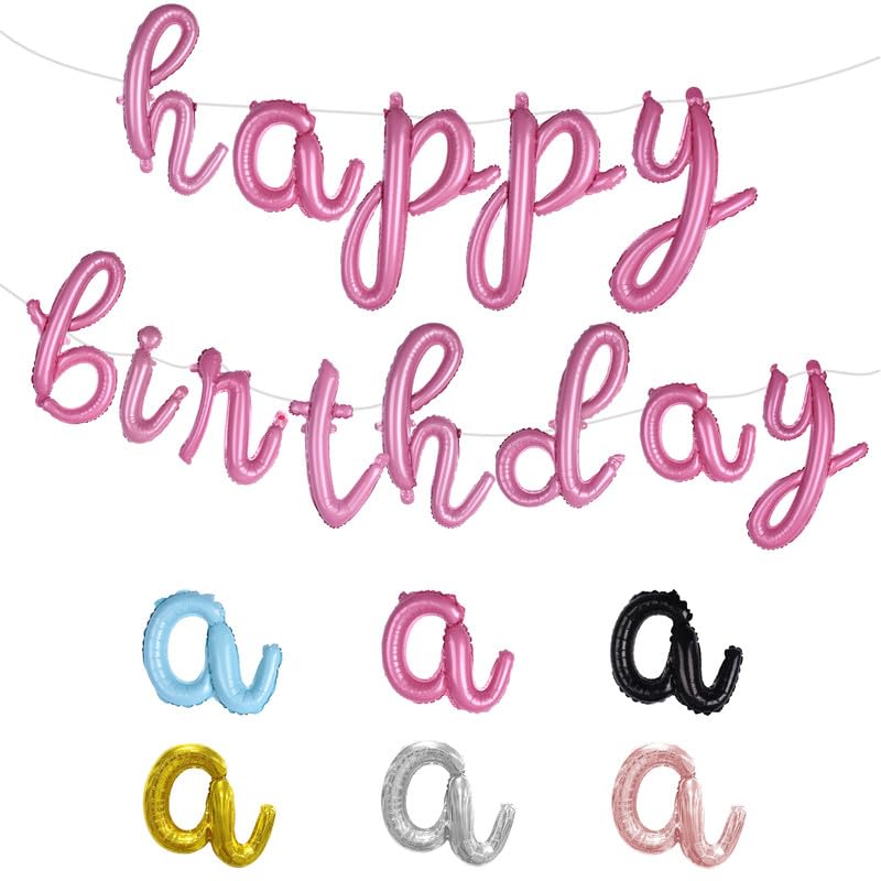 Balloon Vibe Happy Birthday Balloon Banner - Pink 16 Inch Cursive Mylar Foil Letters Happy Birthday Banner For Birthday Decor -