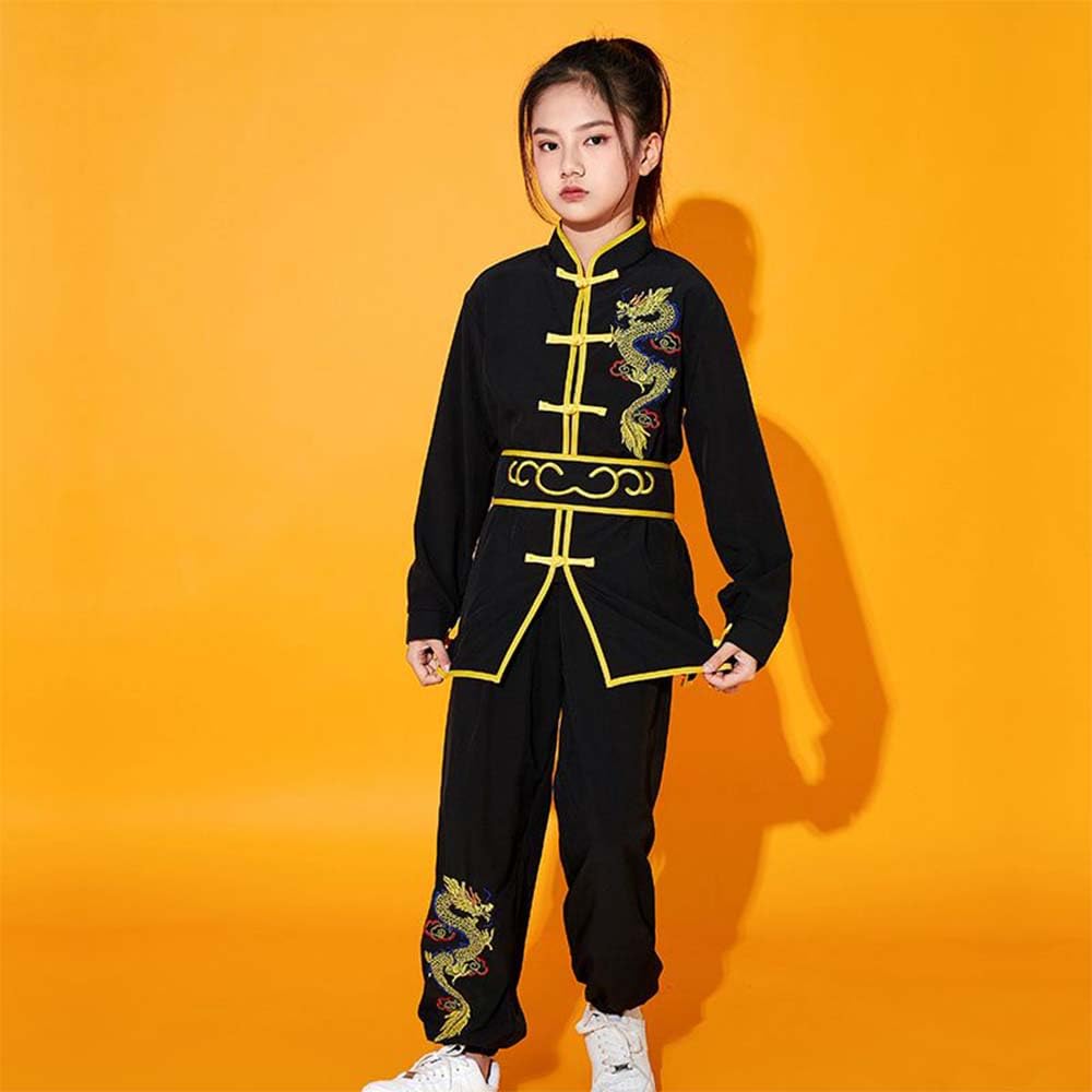 Yemyiqz Kung Fu Uniform For Boys Girls Kids Traditional Chinese Embroidered Tai Chi Wing Chun Master Martial Arts Set Outfit (Black, Xl)
