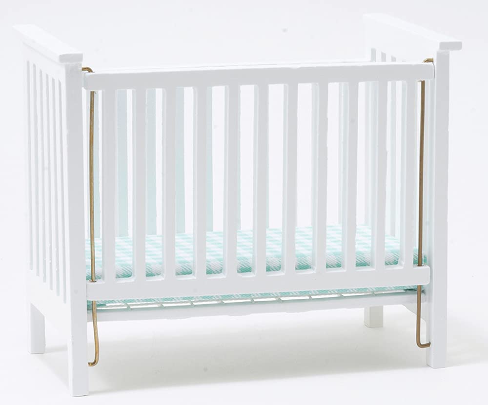 Classics By Handley Dollhouse Miniature White Slatted Nursery Crib With Blue Fabric