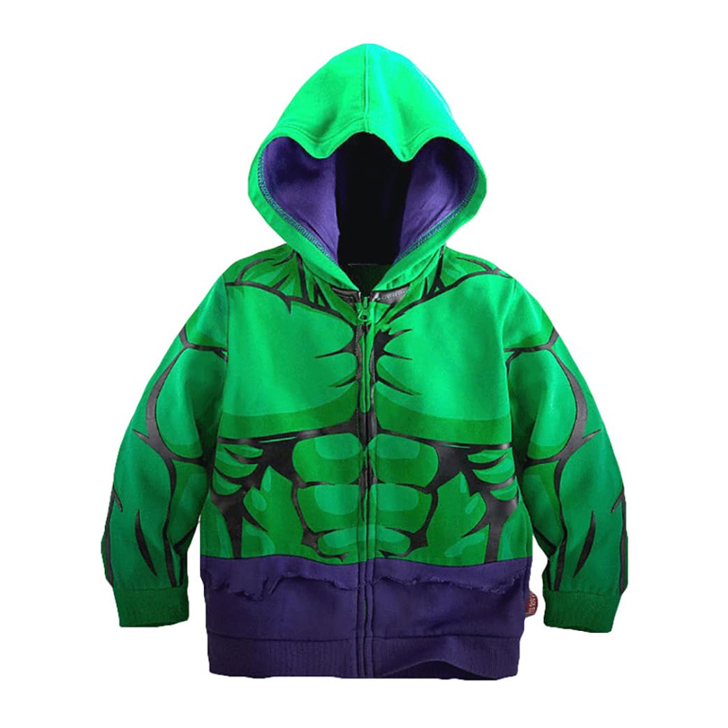 Lemonbaby Little Kids Unisex Boys Girls Superhero Cool Jacket Sweatshirt Hoodie Coat Costume (Hulk, 7Y)